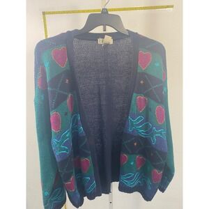 Vintage Ralsey Navy Blue Heart Intarsia Knit Cardigan Sweater Women 3X 90s Retro